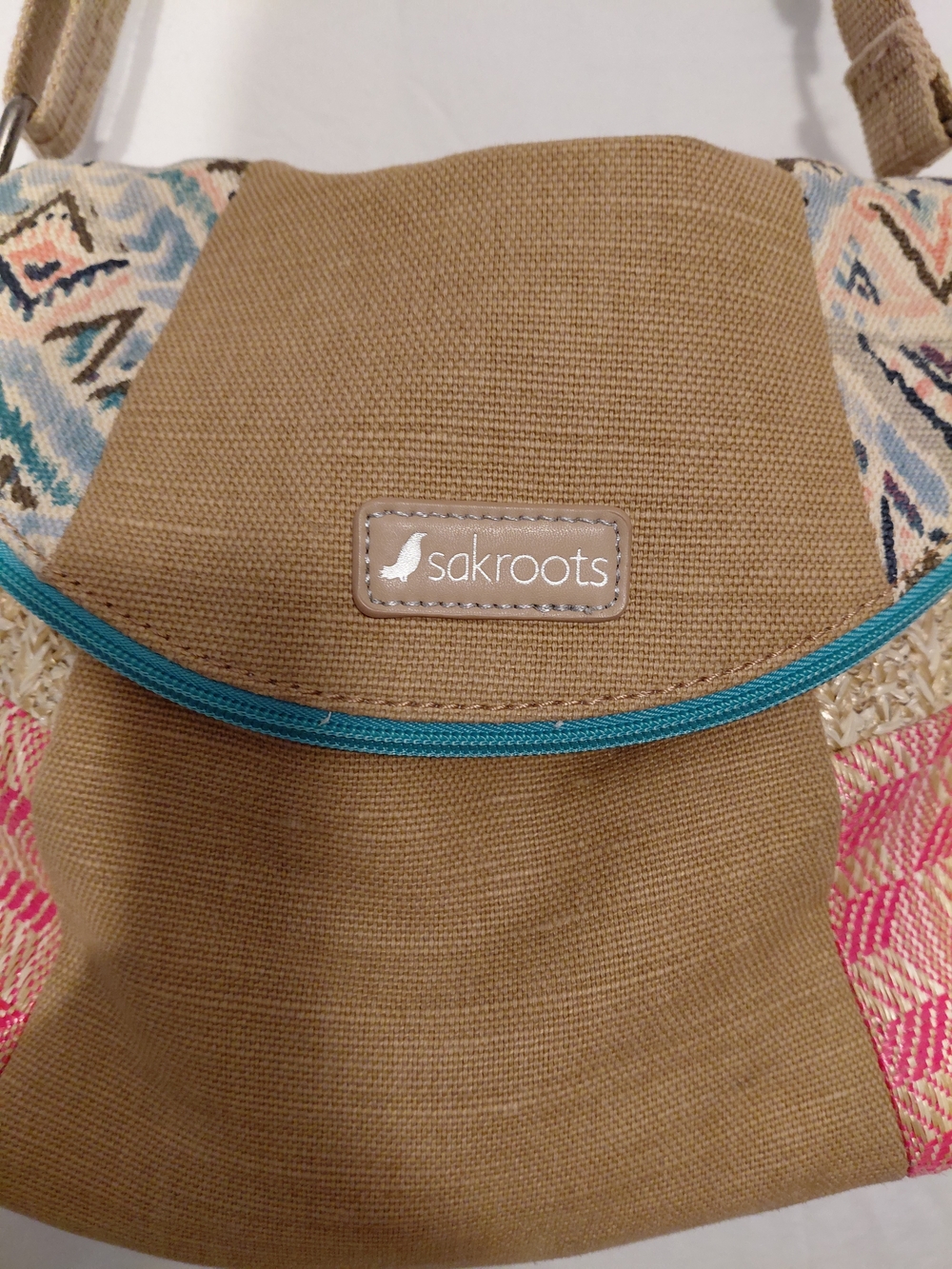 Sakroots Tan Crossbody Bag with Teal Trim and Pink Accents